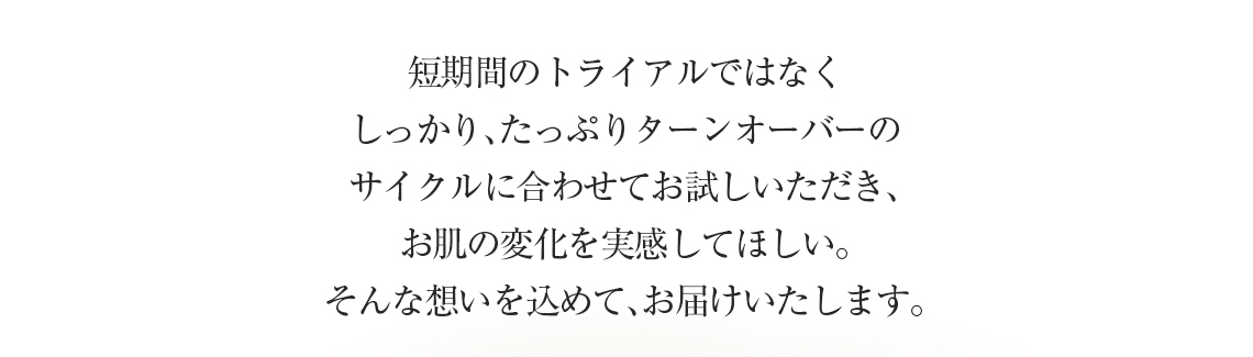 しっかり、たっぷりターンオーバーのサイクルに合わせてお試しいただき、お肌の変化を実感してほしい。そんな想いを込めて、現品をお届けいたします。